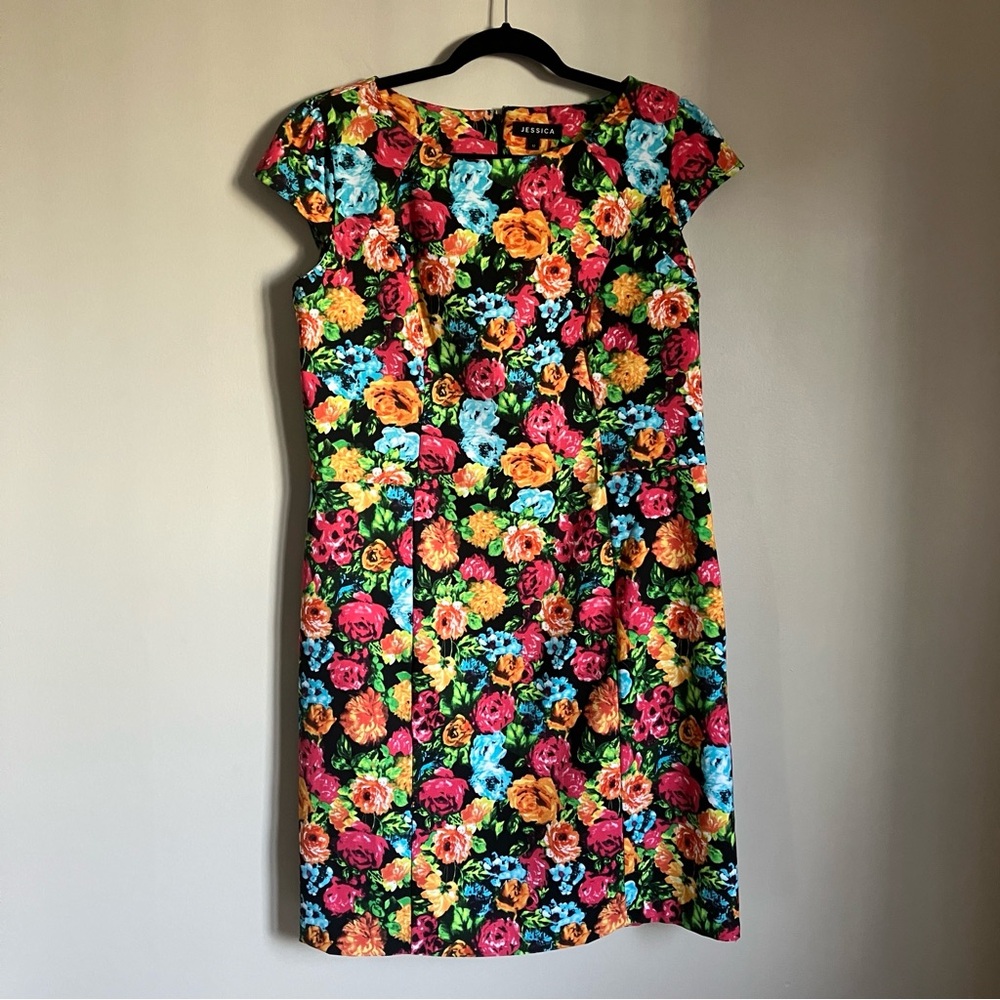 Jessica Dress Floral shift midi Multicolour black rose print women’s size 1